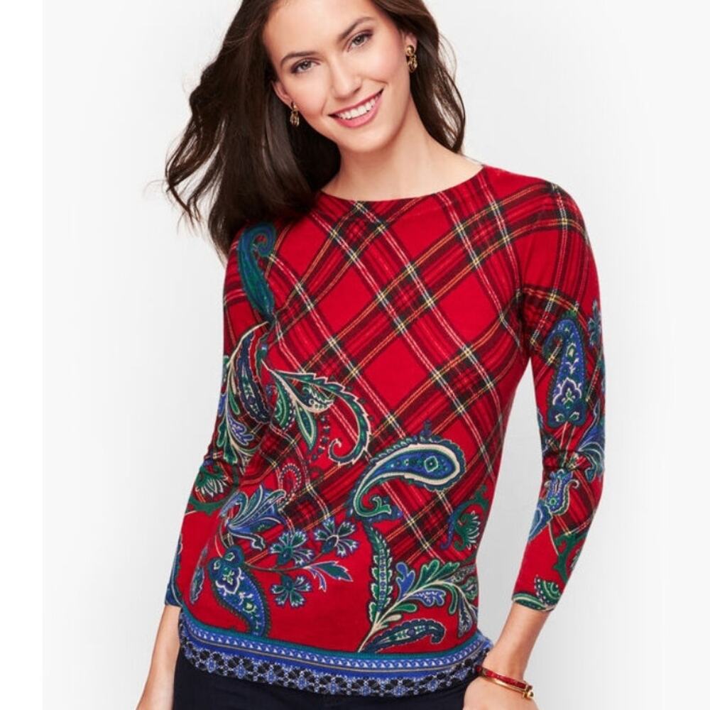 Talbots Plaid Paisley Merino Wool Sweater Womens Large Red Multi Lightweight